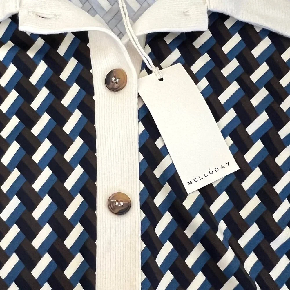 New Melloday Long Sleeve Button-Down Geometric Knit Shirt Dual-Color Collar